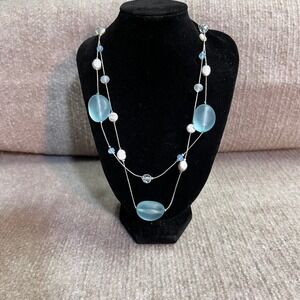 Tanya Creations Layered Necklace Frosted Blue Glass Look Faux Pearl Silver Tone